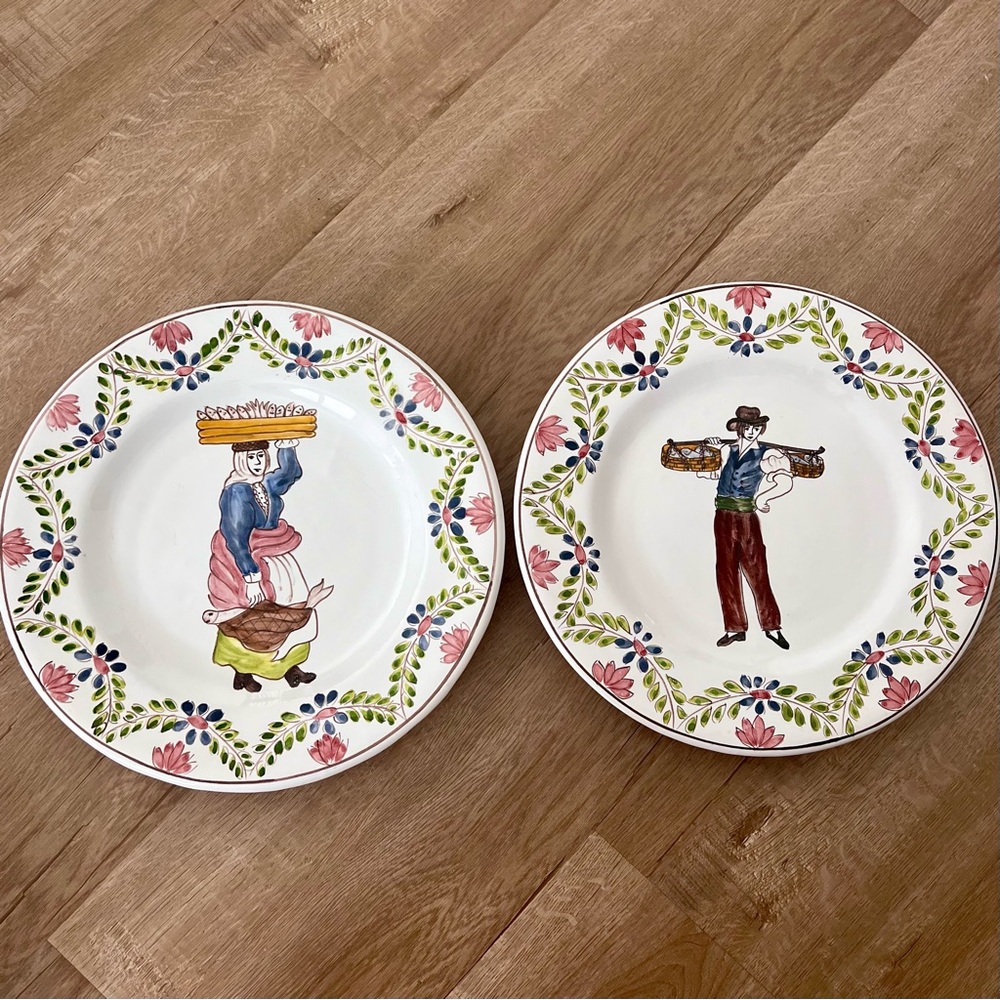 RARE 2 PCs Vtg Villa Ceramica Hand Painted Portugal Plates 12” -‎ Fishing Couple
